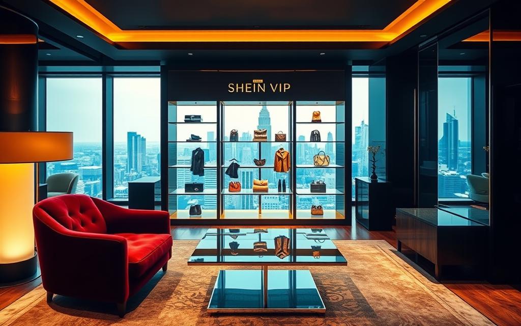 A luxurious VIP lounge with a sophisticated, modern design. The foreground features a plush, velvet armchair in a rich burgundy color, accompanied by a sleek, glass-topped coffee table. Soft, indirect lighting casts a warm, inviting glow throughout the space. In the middle ground, high-end fashion items are displayed on elegant shelves, showcasing the exclusive SHEIN VIP collection. The background reveals floor-to-ceiling windows overlooking a bustling city skyline, creating a sense of exclusivity and prestige. The overall atmosphere conveys a sense of luxury, premium quality, and the VIP experience that SHEIN members can expect.