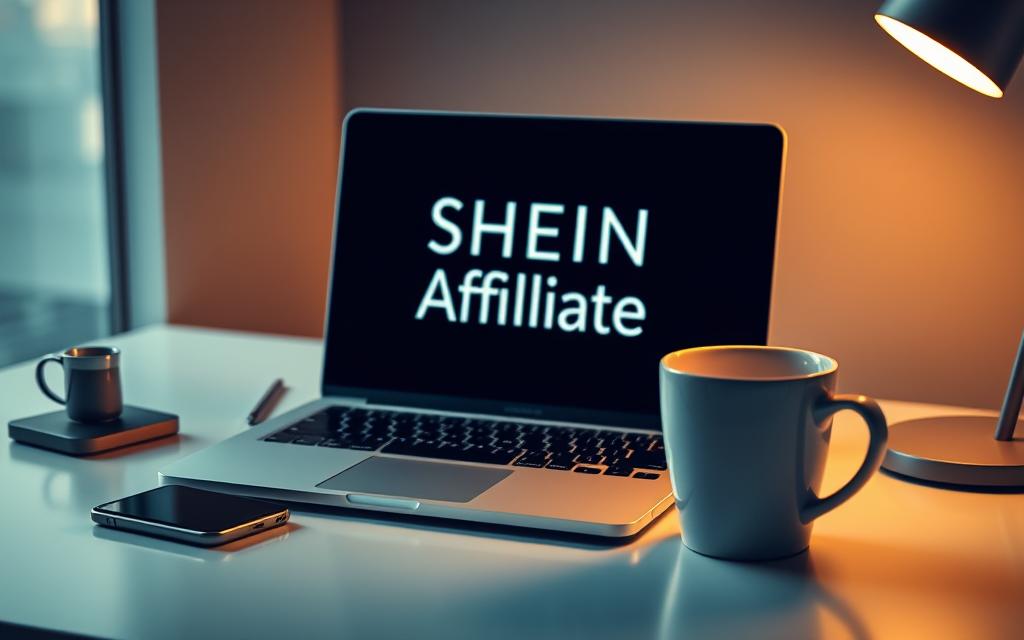 A modern, sleek desktop workspace with a laptop, smartphone, and coffee cup neatly arranged. The laptop screen displays the "SHEIN Affiliate" logo prominently, beckoning the viewer to join the program. Warm, indirect lighting casts a subtle glow, creating an atmosphere of professionalism and productivity. The composition is balanced, with the technological elements complemented by natural elements like the coffee cup. The overall scene conveys the ease and appeal of becoming a SHEIN affiliate, encouraging the viewer to explore the program further.