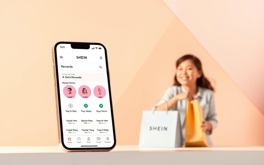 A professional, modern-looking illustration of the SHEIN review rewards program. In the foreground, a smartphone screen displays the SHEIN app's rewards section, showcasing a clean, intuitive interface with icons and point values. In the middle ground, a stack of SHEIN shopping bags and a smiling person enjoying the benefits of the rewards program. The background features a minimalist, pastel-toned geometric pattern, creating a sense of depth and emphasizing the program's key features. The lighting is soft and diffused, creating a warm, inviting atmosphere. The overall composition conveys the simplicity and value of the SHEIN review rewards program.