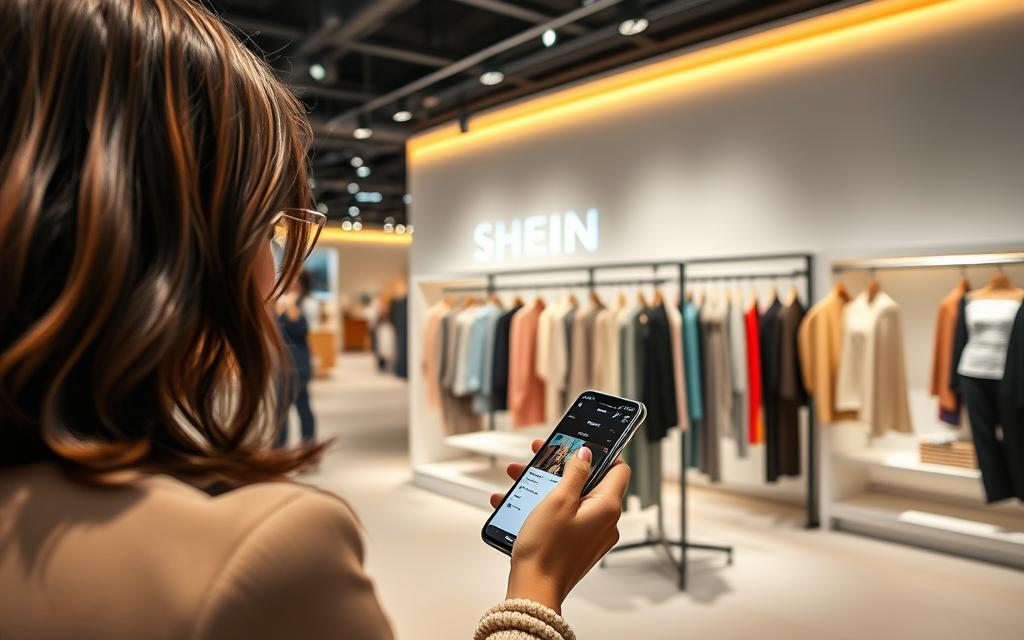 A serene and inviting exploration of the SHEIN Free Trial Center. The foreground showcases a stylish woman browsing the SHEIN app on her smartphone, immersed in the latest fashion offerings. The middle ground features a vibrant, well-curated display of free trial clothing items, inviting the viewer to discover and try on the latest trends. The background depicts a modern, minimalist store interior with clean lines, warm lighting, and a sense of calm and possibility. The overall atmosphere conveys a seamless, user-friendly experience of discovering and trying on fashion items for free, leaving the viewer eager to embark on their own SHEIN shopping journey.