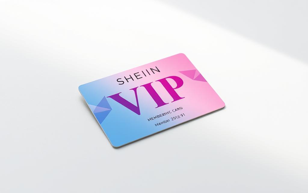 A vibrant, high-resolution image of a SHEIN VIP membership card, shot in a clean, studio-like setting with soft, directional lighting. The card is the central focus, placed on a simple, minimalist backdrop, perhaps a plain white or light gray surface. The card's design is detailed, showcasing the VIP logo, member details, and any relevant graphics or patterns. The image has a sleek, premium feel, conveying the exclusivity and value of the SHEIN VIP program. The angle and composition draw the viewer's attention to the card, highlighting its key features and the sense of access and privilege associated with the membership.