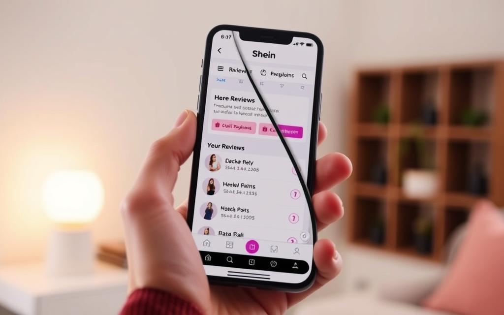 A vibrant, high-resolution image of the Shein reviews rewards program in action. In the foreground, a smartphone screen displays the Shein app interface, highlighting the "Reviews" section and a list of products with associated reward points. In the middle ground, a hand holds the smartphone, showcasing the user's interaction with the program. The background features a clean, minimalist setting with a soft, warm lighting that creates a welcoming atmosphere. The overall composition conveys the ease and simplicity of earning rewards through honest product reviews on the Shein platform.
