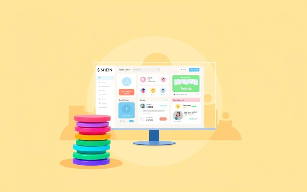 A vibrant, visually captivating illustration depicting the core elements of the SHEIN Points Program. In the foreground, a stack of colorful points or coins, each representing a different reward tier, is prominently displayed against a clean, minimalist background. The middle ground showcases a dynamic, interactive interface with user-friendly icons and an intuitive dashboard, showcasing how customers can easily track and redeem their accumulated points. In the background, a faint silhouette of the SHEIN logo or brand imagery adds a subtle brand presence, complementing the overall aesthetic. The scene is bathed in a warm, inviting lighting, creating a sense of approachability and engagement, reflecting the program's user-friendly and rewarding nature.