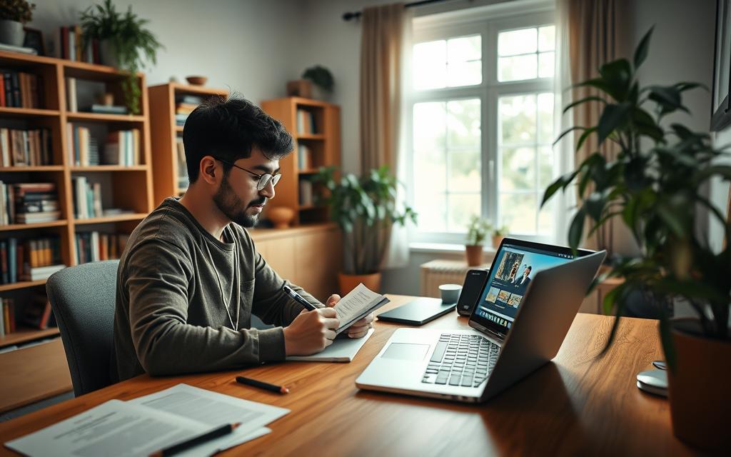 A cozy home office setup with a warm, focused atmosphere. In the foreground, an adult learner sits at a wooden desk, intently studying course materials and taking notes with a pen. Surrounding them, bookshelves filled with educational resources and a potted plant add a touch of greenery. The middle ground features a laptop open to an online learning platform, with lecture slides and a video player visible. In the background, a large window allows natural light to filter in, creating a serene and contemplative mood. The lighting is soft and diffused, casting a gentle glow over the scene. The camera angle is slightly elevated, providing a bird's-eye view of the productive, comfortable study space. A cozy home office setup with a warm, focused atmosphere. In the foreground, an adult learner sits at a wooden desk, intently studying course materials and taking notes with a pen. Surrounding them, bookshelves filled with educational resources and a potted plant add a touch of greenery. The middle ground features a laptop open to an online learning platform, with lecture slides and a video player visible. In the background, a large window allows natural light to filter in, creating a serene and contemplative mood. The lighting is soft and diffused, casting a gentle glow over the scene. The camera angle is slightly elevated, providing a bird's-eye view of the productive, comfortable study space.