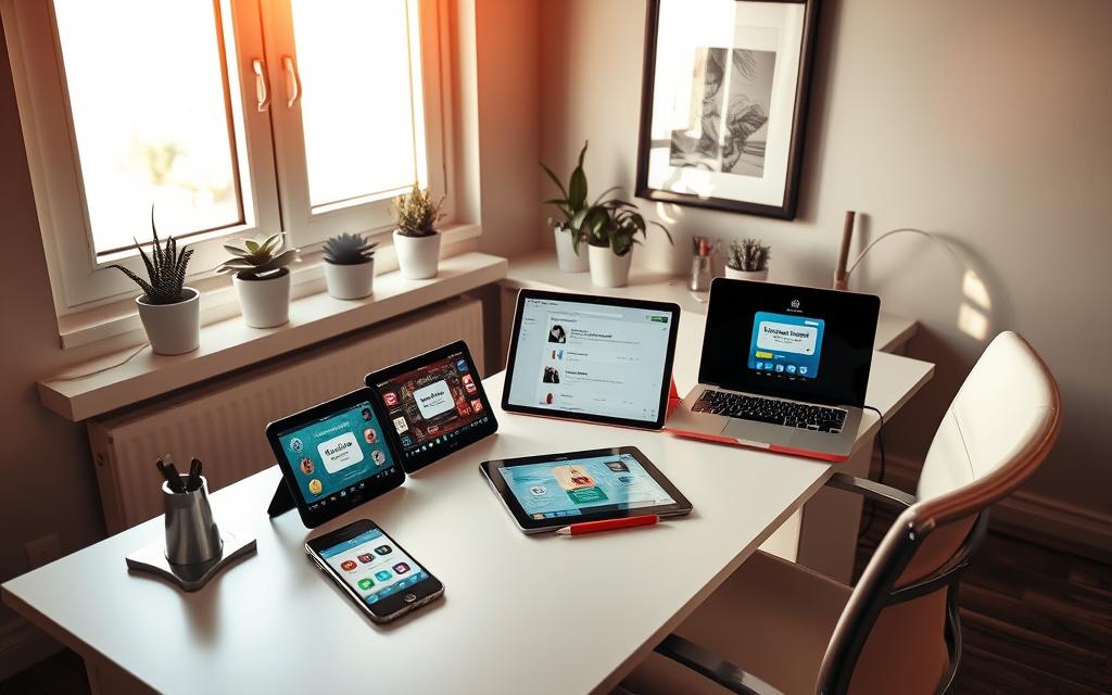 A cozy study nook with a sleek, modern desk and chair. On the desk, an array of language learning apps displayed on various digital devices - a smartphone, a tablet, a laptop. The room is bathed in warm, natural lighting from a large window, casting a soft glow on the scene. Potted plants and a framed art piece add a touch of personality to the space. The overall atmosphere is one of focus, productivity, and a sense of progress in language acquisition. A cozy study nook with a sleek, modern desk and chair. On the desk, an array of language learning apps displayed on various digital devices - a smartphone, a tablet, a laptop. The room is bathed in warm, natural lighting from a large window, casting a soft glow on the scene. Potted plants and a framed art piece add a touch of personality to the space. The overall atmosphere is one of focus, productivity, and a sense of progress in language acquisition.