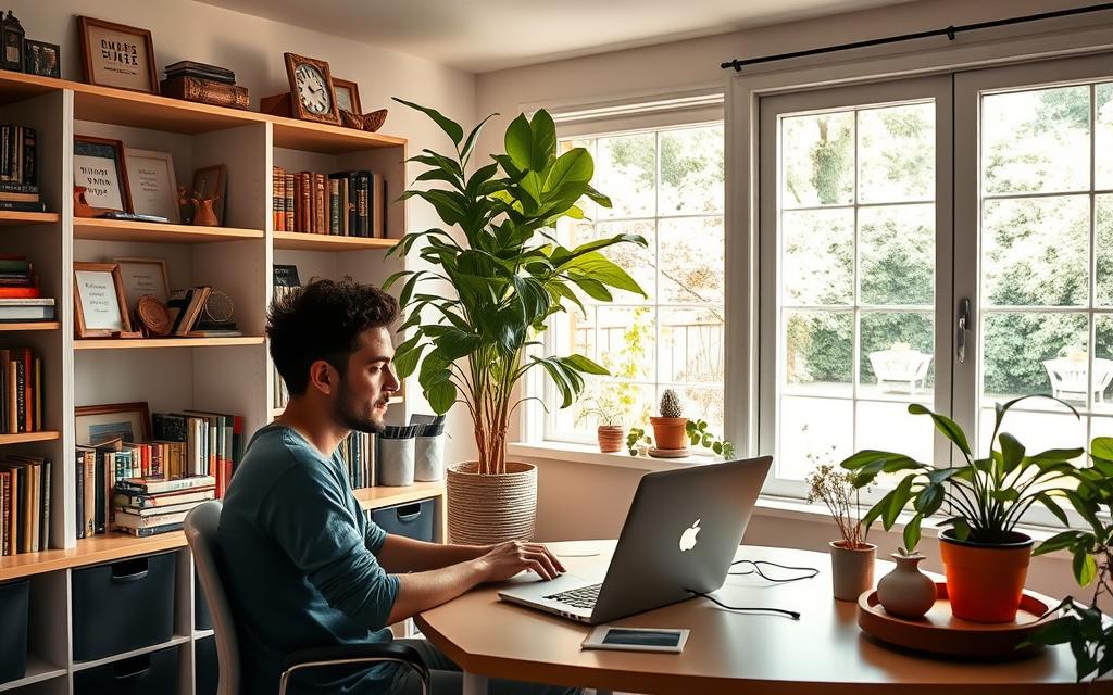 A cozy, well-lit home office with a bright and airy atmosphere. In the foreground, a person sits at a neatly organized desk, focused on a laptop screen, their face lit by the warm glow of the monitor. Surrounding them, shelves filled with books and inspirational knick-knacks create a sense of intellectual stimulation. The middle ground features a large, lush potted plant, symbolizing the growth and nourishment of the learning process. In the background, a large window overlooks a peaceful garden, bathed in soft, natural light, conveying a sense of tranquility and balance. The overall mood is one of calm concentration, productivity, and a genuine passion for the subject being learned. A cozy, well-lit home office with a bright and airy atmosphere. In the foreground, a person sits at a neatly organized desk, focused on a laptop screen, their face lit by the warm glow of the monitor. Surrounding them, shelves filled with books and inspirational knick-knacks create a sense of intellectual stimulation. The middle ground features a large, lush potted plant, symbolizing the growth and nourishment of the learning process. In the background, a large window overlooks a peaceful garden, bathed in soft, natural light, conveying a sense of tranquility and balance. The overall mood is one of calm concentration, productivity, and a genuine passion for the subject being learned.