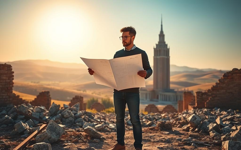 A serene, sun-drenched landscape with rolling hills in the background. In the foreground, a person standing amidst the ruins of a crumbled structure, gazing intently at a blueprint held in their hands. Their expression is one of determination, as they envision a plan to transform the rubble into a towering, gleaming new building. Soft, warm lighting illuminates the scene, casting a hopeful, inspirational mood. The composition conveys the idea of taking failure or setbacks and using them as a foundation to create something greater, more successful. A serene, sun-drenched landscape with rolling hills in the background. In the foreground, a person standing amidst the ruins of a crumbled structure, gazing intently at a blueprint held in their hands. Their expression is one of determination, as they envision a plan to transform the rubble into a towering, gleaming new building. Soft, warm lighting illuminates the scene, casting a hopeful, inspirational mood. The composition conveys the idea of taking failure or setbacks and using them as a foundation to create something greater, more successful.