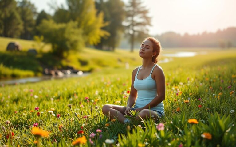 A serene, sunlit field of lush greenery, with vibrant wildflowers dotting the landscape. In the foreground, a person sits cross-legged, eyes closed, hands resting gently on their lap, embodying a sense of deep introspection and emotional awareness. The middle ground features a harmonious blend of natural elements - trees, flowing water, and a clear sky, conveying a calming, meditative atmosphere. Soft, diffused lighting from the overhead sun casts a warm, soothing glow, inviting the viewer to pause and connect with their inner emotional landscape. The overall composition evokes a sense of balance, mindfulness, and the journey of developing emotional intelligence.