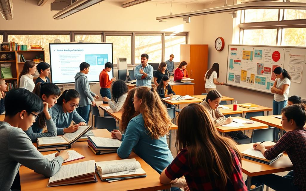 A vibrant classroom setting, with students actively engaged in various learning activities. In the foreground, a group of students clustered around a table, poring over textbooks and taking notes. Midground, a teacher gesticulating animatedly, leading a Socratic discussion with the class. In the background, students working in pairs, collaborating on a project displayed on a large interactive whiteboard. Warm, natural lighting filters in through large windows, creating a welcoming, energetic atmosphere. The scene conveys a sense of intellectual curiosity, collaboration, and a dynamic exchange of ideas. A vibrant classroom setting, with students actively engaged in various learning activities. In the foreground, a group of students clustered around a table, poring over textbooks and taking notes. Midground, a teacher gesticulating animatedly, leading a Socratic discussion with the class. In the background, students working in pairs, collaborating on a project displayed on a large interactive whiteboard. Warm, natural lighting filters in through large windows, creating a welcoming, energetic atmosphere. The scene conveys a sense of intellectual curiosity, collaboration, and a dynamic exchange of ideas.