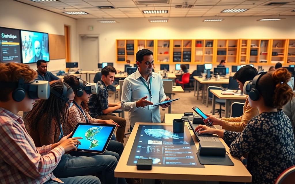 A vibrant, technology-infused classroom setting. In the foreground, students of diverse backgrounds collaboratively engage with sleek touchscreen devices and virtual reality headsets, immersed in interactive educational simulations. The middle ground features a dynamic teacher, guiding the class with a tablet, projected visuals, and a futuristic, voice-controlled console. The background showcases a panoramic view of the classroom, filled with modern furnishings, adaptable workstations, and an array of cutting-edge gadgets. Soft, warm lighting bathes the scene, conveying a sense of wonder and excitement for the technological advancements shaping the future of education. A vibrant, technology-infused classroom setting. In the foreground, students of diverse backgrounds collaboratively engage with sleek touchscreen devices and virtual reality headsets, immersed in interactive educational simulations. The middle ground features a dynamic teacher, guiding the class with a tablet, projected visuals, and a futuristic, voice-controlled console. The background showcases a panoramic view of the classroom, filled with modern furnishings, adaptable workstations, and an array of cutting-edge gadgets. Soft, warm lighting bathes the scene, conveying a sense of wonder and excitement for the technological advancements shaping the future of education.