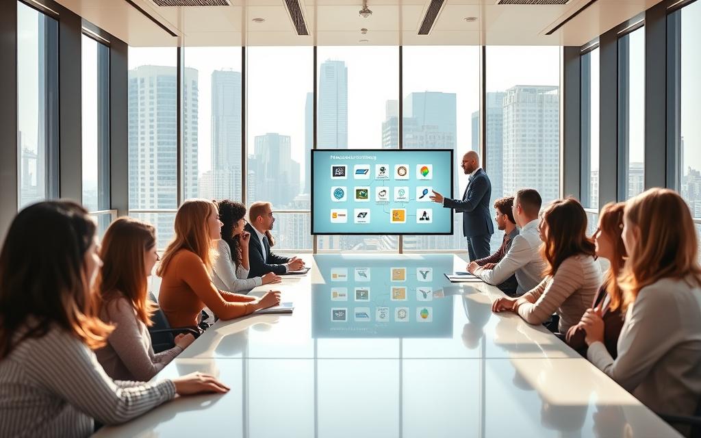 a professional development seminar taking place in a bright, airy room, with floor-to-ceiling windows overlooking a modern city skyline. in the foreground, a diverse group of business professionals are seated around a long conference table, intently focused on the presenter at the front of the room. the presenter, dressed in a crisp suit, is using a sleek, touchscreen display to illustrate key concepts of microlearning. the lighting is warm and natural, creating a sense of productivity and collaboration. the overall scene conveys an atmosphere of learning, growth, and innovation, perfectly suited for a professional development session on the power of microlearning. a professional development seminar taking place in a bright, airy room, with floor-to-ceiling windows overlooking a modern city skyline. in the foreground, a diverse group of business professionals are seated around a long conference table, intently focused on the presenter at the front of the room. the presenter, dressed in a crisp suit, is using a sleek, touchscreen display to illustrate key concepts of microlearning. the lighting is warm and natural, creating a sense of productivity and collaboration. the overall scene conveys an atmosphere of learning, growth, and innovation, perfectly suited for a professional development session on the power of microlearning.