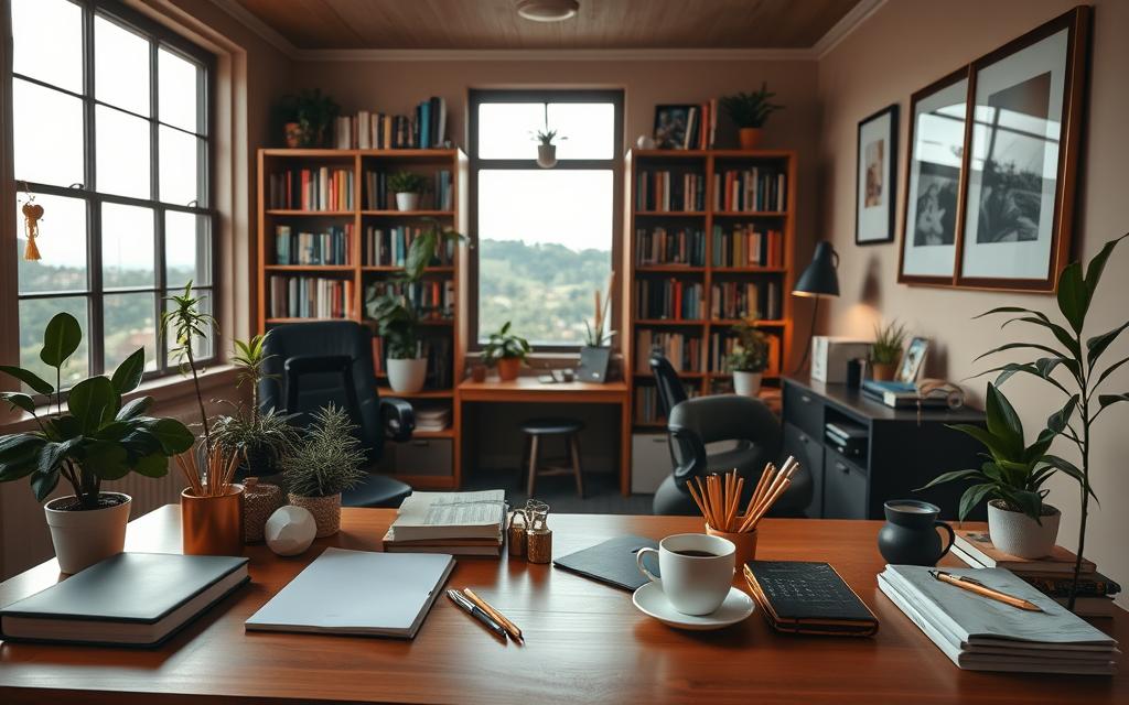 A cozy, personalized study space with warm lighting and natural elements. In the foreground, a neatly organized desk with a laptop, a cup of coffee, and a carefully curated selection of stationery and decor. In the middle ground, bookshelves lined with volumes on various subjects, accented with potted plants and framed artwork that reflects the owner's interests. The background features a large window overlooking a serene outdoor scene, allowing natural light to filter in and creating a sense of openness and tranquility. The overall atmosphere is one of focus, inspiration, and individualized style.