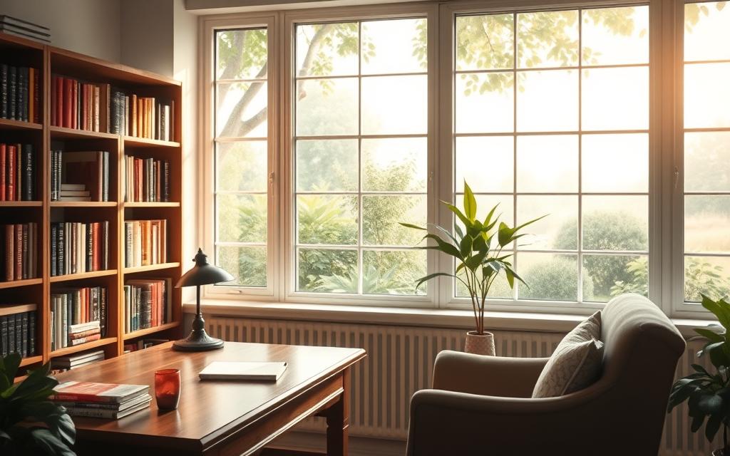 A cozy, well-lit study environment with large windows overlooking a peaceful garden. Soft, diffused natural light filters in, casting a warm glow on the wooden desk and shelves filled with books. A comfortable armchair sits adjacent, perfect for deep contemplation. The atmosphere is one of focus and tranquility, inspiring the mind to engage fully with the task at hand. Subtle ambient sounds, like the gentle rustling of leaves, create a soothing backdrop. The overall scene evokes a sense of balance and harmony, where the physical surroundings enhance the process of learning and knowledge absorption.
