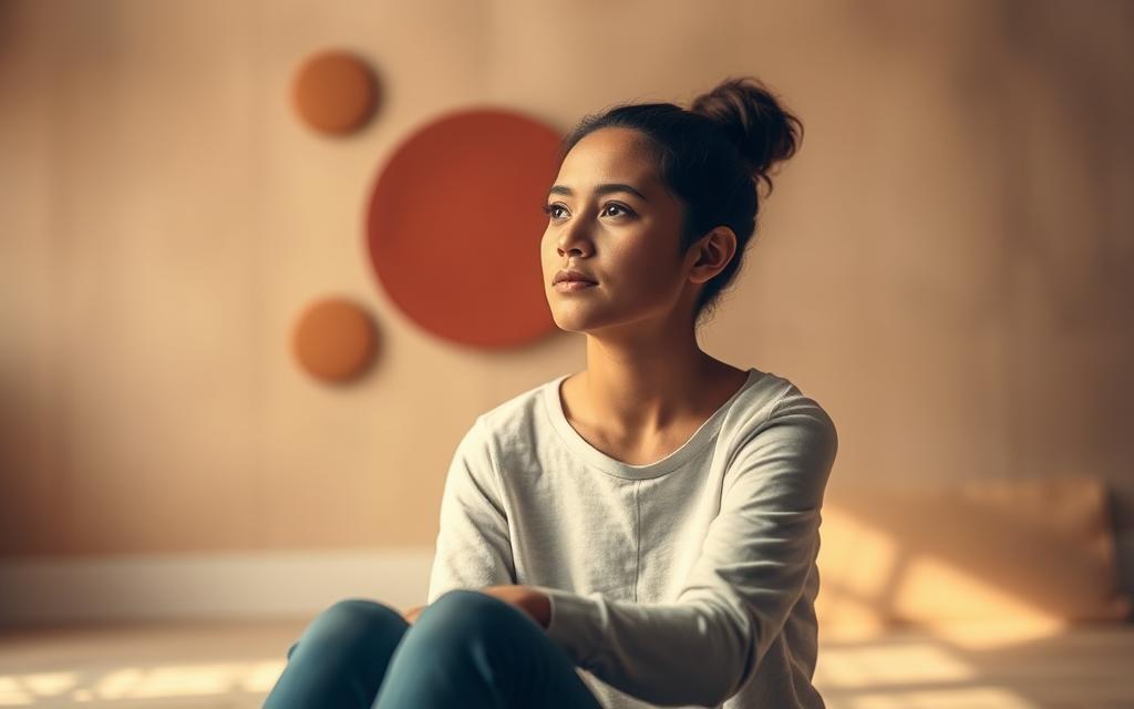 A thoughtful, introspective scene capturing the essence of emotional intelligence. In the foreground, a person sits in a contemplative pose, their expression serene and focused. Surrounding them, a muted color palette of warm tones creates a sense of calm and introspection. In the middle ground, abstract shapes and forms suggest the interconnectedness of emotions and rational thought. The background is softly blurred, drawing the viewer's attention to the central figure, who serves as a conduit for the intangible qualities of emotional awareness and self-regulation. Warm, natural lighting illuminates the scene, conveying a sense of inner reflection and growth.