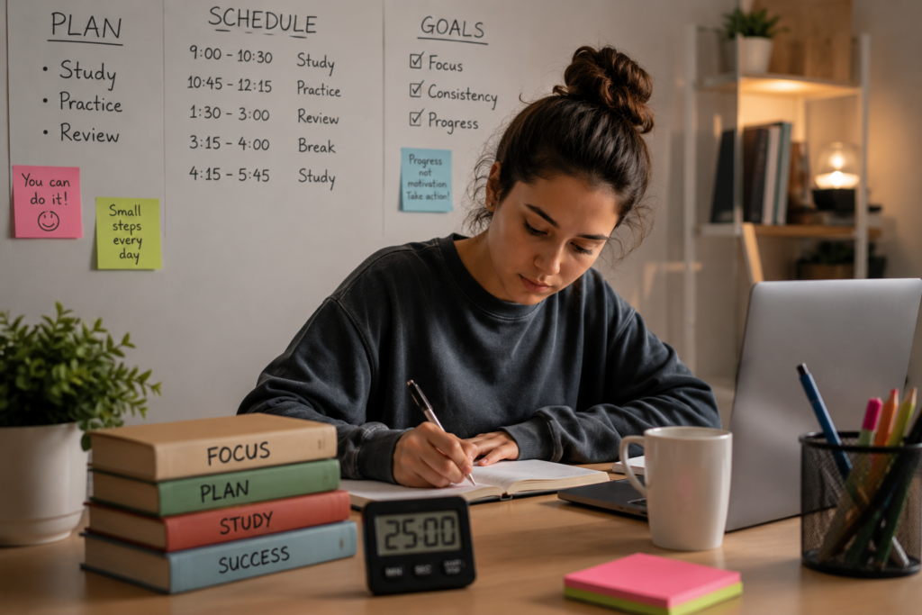 A cozy, well-lit study space with a young student sitting at a wooden desk, intently focused on their laptop. Warm lighting from a desk lamp casts a gentle glow, creating a calm, productive atmosphere. Surrounding the student are various study aids - colorful sticky notes, a cup of steaming tea, and a vase of fresh flowers to inspire and motivate. In the background, bookshelves line the walls, hinting at a wealth of knowledge at the student's fingertips. The overall scene conveys a sense of purpose, focus, and a nurturing environment that fosters study motivation.