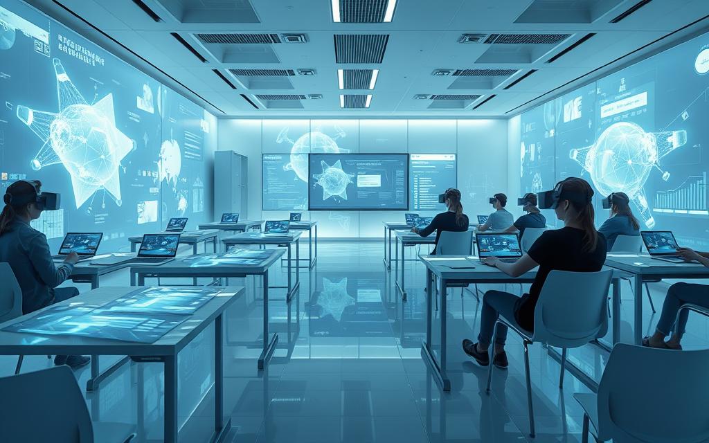 a highly detailed, hyper-realistic, cinematic image of a futuristic virtual reality classroom in a minimalist, high-tech interior. the classroom features seamless holographic projections on the walls, floor, and ceiling, immersing students in a fully digital learning environment. the projections display complex 3D models, data visualizations, and interactive educational content. the classroom is flooded with soft, indirect lighting that creates a serene, focused atmosphere. students are seated at sleek, low-profile desks, wearing cutting-edge VR headsets and interacting with the digital environment using advanced gesture-based controls. the overall scene conveys a sense of innovation, connectivity, and the transformative potential of AI-powered education.